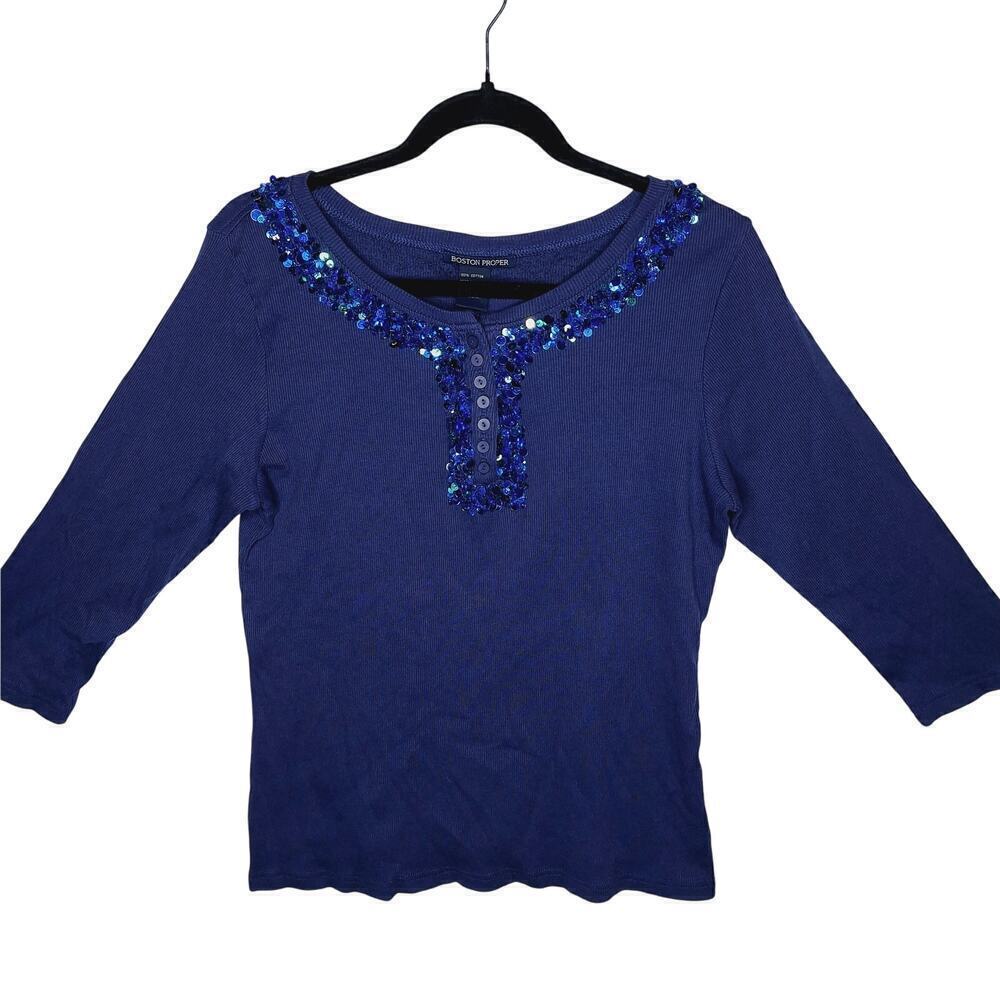 Boston Proper Sequin Henley Top Ribbed 100% Cotton Mermaid Y2K Fairy Large Blue
